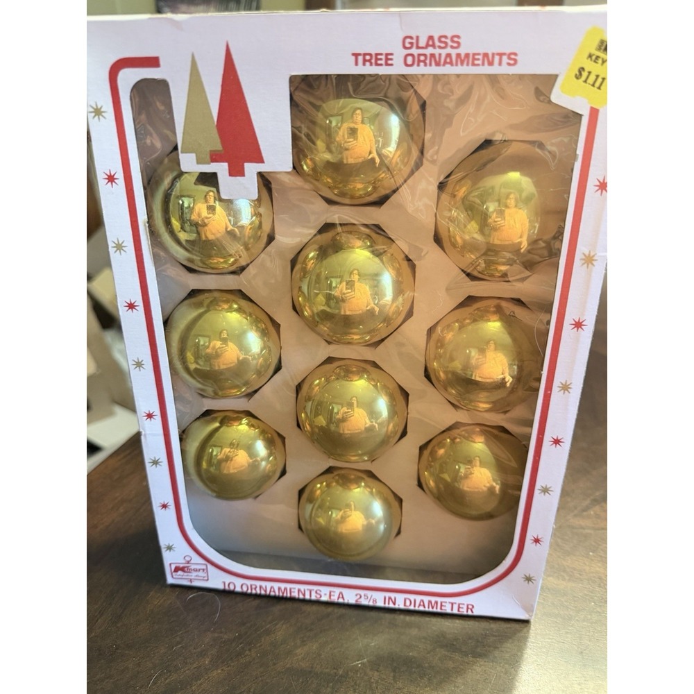 Vintage Shiny Gold Glass Christmas Tree Ornaments Kmart Original Box Set Of 10